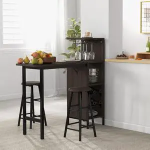 3 Pieces Bar Table and Stools Set, Bistro Table Set with Glass Holder, 2 Tier Wine Rack & Storage Shelves, Kitchen Counter Table with 2 Stools for Home, Dining Room, Restaurant, Pub (Brown) 3 Pieces Bar Table and Stools Set, Bistro Table Set with Glass Holder, 2 Tier Wine Rack & Storage Shelves, Kitchen Counter Table with 2 Stools for Home, Dining Room, Restaurant, Pub (Brown)