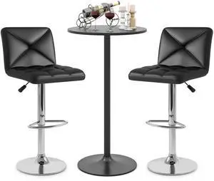 3 Pieces Bar Table Set, Round Cocktail Table and PU Leather Adjustable Swivel Chairs, Modern Counter Height Furniture Set with 2 Bar Stools for Small Space, Kitchen, Office (Black+Black) 3 Pieces Bar Table Set, Round Cocktail Table and PU Leather Adjustable Swivel Chairs, Modern Counter Height Furniture Set with 2 Bar Stools for Small Space, Kitchen, Office (Black+Black)