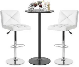 3 Pieces Bar Table Set, Round Cocktail Table and PU Leather Adjustable Swivel Chairs, Modern Counter Height Furniture Set with 2 Bar Stools for Small Space, Kitchen, Office (White+Black) 3 Pieces Bar Table Set, Round Cocktail Table and PU Leather Adjustable Swivel Chairs, Modern Counter Height Furniture Set with 2 Bar Stools for Small Space, Kitchen, Office (White+Black)