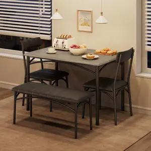 Dining Table Set for 4, Kitchen Table with Upholstered Bench and 2 Chairs, 4-Piece Wooden Dining Table Set for Apartment, Dining Room, Small Space, Gray Dining Table Set for 4, Kitchen Table with Upholstered Bench and 2 Chairs, 4-Piece Wooden Dining Table Set for Apartment, Dining Room, Small Space, Gray