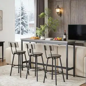 Bar Table and Chairs Set for 3, 63" L Rectangle Sofa Table with 3 PU Upholstered Stools, 4 Piece Industrial Counter Height Dining Table Set for Living Room Kitchen Restaurant, Grey Bar Table and Chairs Set for 3, 63" L Rectangle Sofa Table with 3 PU Upholstered Stools, 4 Piece Industrial Counter Height Dining Table Set for Living Room Kitchen Restaurant, Grey