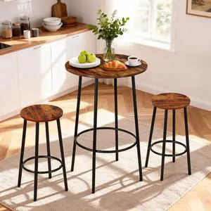 3 Piece Dining Table Set, Modern Round Bar Table and 2 Stools, Counter Height Wood Table and Chairs for Kitchen Breakfast Nook Dining Room Compact Space, Rustic Brown 3 Piece Dining Table Set, Modern Round Bar Table and 2 Stools, Counter Height Wood Table and Chairs for Kitchen Breakfast Nook Dining Room Compact Space, Rustic Brown