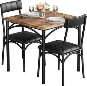 Dining Table Set, Kitchen Table and Chairs for 2, Metal and Wood Square Dining Room Table Set with 2 Upholstered Chairs,3 Piece Dining Table Set for Small Space, Apartment,Brown Dining Table Set, Kitchen Table and Chairs for 2, Metal and Wood Square Dining Room Table Set with 2 Upholstered Chairs,3 Piece Dining Table Set for Small Space, Apartment,Brown