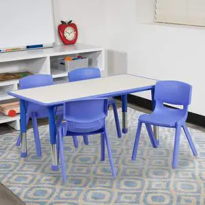 23.625" W x 47.25" L Blue Plastic Activity Table Set-4 Chairs 23.625" W x 47.25" L Blue Plastic Activity Table Set-4 Chairs