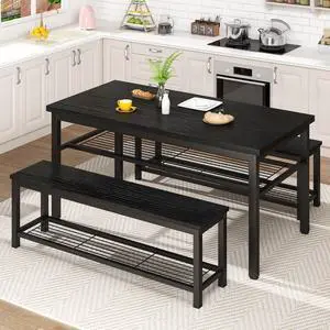 43.3" Dining Table Set for 4, Kitchen Dining Table with 2 Benches, Dining Room Table Set with Metal Frame & Storage Rack for Kitchen, Restaurant, Black 43.3" Dining Table Set for 4, Kitchen Dining Table with 2 Benches, Dining Room Table Set with Metal Frame & Storage Rack for Kitchen, Restaurant, Black