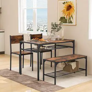 4-Piece Dining Table Set for 4, Industrial Kitchen Table with 2 Chairs and Bench, Space-Saving Dinette Set with Metal Frame and Storage Rack for Small Space, Dining Room, Rustic Brown 4-Piece Dining Table Set for 4, Industrial Kitchen Table with 2 Chairs and Bench, Space-Saving Dinette Set with Metal Frame and Storage Rack for Small Space, Dining Room, Rustic Brown