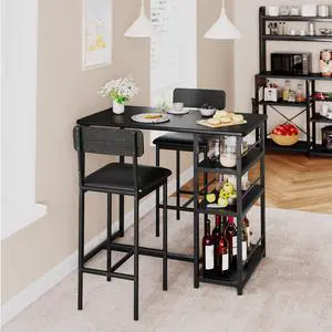 Bar Table Set for 2 with 3 Storage Shelves, Space-Saving Kitchen Table & Chairs with PU Cushions, Thick MDF Wood Top and Steel Frame for Apartment and Bistros - Black Bar Table Set for 2 with 3 Storage Shelves, Space-Saving Kitchen Table & Chairs with PU Cushions, Thick MDF Wood Top and Steel Frame for Apartment and Bistros - Black