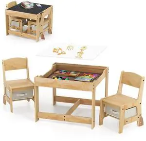 Kids Table and Chairs, 3-in-1 Children Sturdy Wooden Activity Set w/Storage Drawers, Removable Double-Sided Tabletop, for Art, Craft, Drawing, Reading, Toddler Table and Chair Set (Beige) Kids Table and Chairs, 3-in-1 Children Sturdy Wooden Activity Set w/Storage Drawers, Removable Double-Sided Tabletop, for Art, Craft, Drawing, Reading, Toddler Table and Chair Set (Beige)