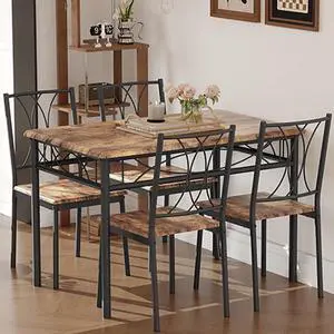 Dining Table Set for 4, Rectangle Compact Dining Table and Chairs Set, Small Kitchen Table Set with 4 Wood Chairs for Apartment, Rustic Brown Dining Table Set for 4, Rectangle Compact Dining Table and Chairs Set, Small Kitchen Table Set with 4 Wood Chairs for Apartment, Rustic Brown