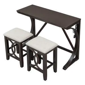 3 Piece Counter Height Dining Set, Farmhouse Kitchen Table Set with USB Port and 2 Upholstered Stools, Breakfast Nook Set for Kitchen, Dining Room, Living Room, Espresso 3 Piece Counter Height Dining Set, Farmhouse Kitchen Table Set with USB Port and 2 Upholstered Stools, Breakfast Nook Set for Kitchen, Dining Room, Living Room, Espresso