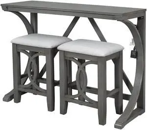 3 Piece Counter Height Dining Set, Farmhouse Kitchen Table Set with USB Port and 2 Upholstered Stools, Breakfast Nook Set for Kitchen, Dining Room, Living Room, Grey 3 Piece Counter Height Dining Set, Farmhouse Kitchen Table Set with USB Port and 2 Upholstered Stools, Breakfast Nook Set for Kitchen, Dining Room, Living Room, Grey