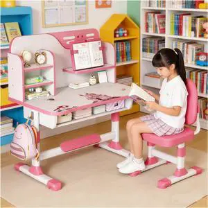 Kids Desk and Chair Set for 3-12, Adjustable Height Study Table Chair with Storage Drawers, Bookstand, Widened Desktop, Ergonomic Desk Chairs for Boys Girls (Pink1) Kids Desk and Chair Set for 3-12, Adjustable Height Study Table Chair with Storage Drawers, Bookstand, Widened Desktop, Ergonomic Desk Chairs for Boys Girls (Pink1)