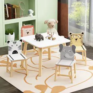 Cute Wood Table with 4 Chairs Set, 5 Piece Cartoon Animals Wood Drawing Play Table and Chair Set Activity Tables for Home, Nursery, Kindergarten Cute Wood Table with 4 Chairs Set, 5 Piece Cartoon Animals Wood Drawing Play Table and Chair Set Activity Tables for Home, Nursery, Kindergarten