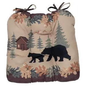 Cozy Cabin Bears Chair Pad - Rustic Kitchen Seat Cushion with Oak Leaf Border Cozy Cabin Bears Chair Pad - Rustic Kitchen Seat Cushion with Oak Leaf Border