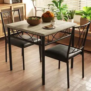 3-Piece Dining Table Set for 2, Square Space-Saving Kitchen Table & 2 Upholstered Chairs for 2, Compact Apartment Kitchen & Dining Room Set Furniture for Small Spaces, Ruatic Gray 3-Piece Dining Table Set for 2, Square Space-Saving Kitchen Table & 2 Upholstered Chairs for 2, Compact Apartment Kitchen & Dining Room Set Furniture for Small Spaces, Ruatic Gray