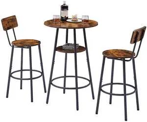 Round Bar Table and Chair Set for 2, Small Bistro Coffe Table & Stools with Backrest, High Top Pub Set for Kitchen Dining Room, Rustic Brown Round Bar Table and Chair Set for 2, Small Bistro Coffe Table & Stools with Backrest, High Top Pub Set for Kitchen Dining Room, Rustic Brown