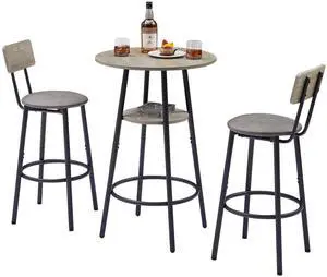 Bar Table and Chair Set for 2, Small Round Bistro Coffe Table & PU Upholstered Stools with Backrest, High Top Pub Set for Kitchen Dining Room, Grey Bar Table and Chair Set for 2, Small Round Bistro Coffe Table & PU Upholstered Stools with Backrest, High Top Pub Set for Kitchen Dining Room, Grey