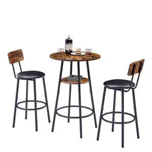 Bar Table and Chair Set for 2, Small Round Bistro Coffe Table & PU Upholstered Stools with Backrest, High Top Pub Set for Kitchen Dining Room, Brown Bar Table and Chair Set for 2, Small Round Bistro Coffe Table & PU Upholstered Stools with Backrest, High Top Pub Set for Kitchen Dining Room, Brown