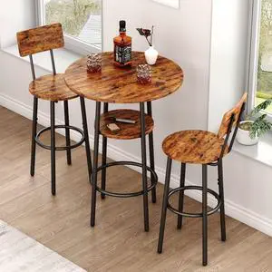 3 Piece Pub Table Set, 2-Tier Small Round bar Bistro Table and 2 Bar Stools with Backrest Bar Height Table and Chair Dining Set for Kitchen Nook, Apartment, Small Space (3, 24Inch) 3 Piece Pub Table Set, 2-Tier Small Round bar Bistro Table and 2 Bar Stools with Backrest Bar Height Table and Chair Dining Set for Kitchen Nook, Apartment, Small Space (3, 24Inch)