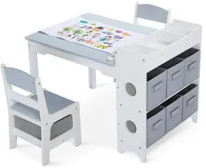 Kids Art Table & Chairs Set, Wooden Activity Table with 2 Chairs, Kids Craft Desk W/8 Storage Bins and Paper Roll, Toddler Furniture Set for Art, Crafts, Drawing, Reading, Grey Kids Art Table & Chairs Set, Wooden Activity Table with 2 Chairs, Kids Craft Desk W/8 Storage Bins and Paper Roll, Toddler Furniture Set for Art, Crafts, Drawing, Reading, Grey