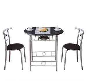 3-Piece Wooden Round Table & Chair Set for Kitchen, Dining Room, Compact Space w/Steel Frame, Built-in Wine Rack (Black) 3-Piece Wooden Round Table & Chair Set for Kitchen, Dining Room, Compact Space w/Steel Frame, Built-in Wine Rack (Black)