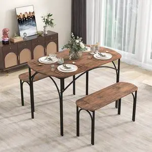 3-Piece Dining Table Set for 4, Wooden Kitchen Table and 2 Benches Set with Metal Frame, Space-Saving Dinette Set for Living Room, Dining Room, Breakfast Nook, Small Space 3-Piece Dining Table Set for 4, Wooden Kitchen Table and 2 Benches Set with Metal Frame, Space-Saving Dinette Set for Living Room, Dining Room, Breakfast Nook, Small Space