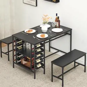 Dining Table Set for 4, Kitchen Table with 2 Benches, Wine Rack and Storage Shelf, Rectangular Dining Room Table Set, 3 Piece Dining Table Set for Small Space, Apartment, Dinette, Black Dining Table Set for 4, Kitchen Table with 2 Benches, Wine Rack and Storage Shelf, Rectangular Dining Room Table Set, 3 Piece Dining Table Set for Small Space, Apartment, Dinette, Black