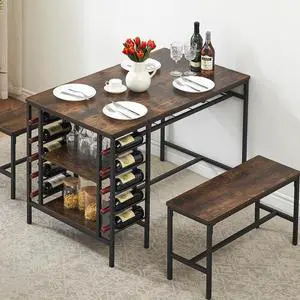 Dining Table Set for 4, Kitchen Table with 2 Benches, Wine Rack and Storage Shelf, Rectangular Dining Room Table Set, 3 Piece Dining Table Set for Small Space, Apartment, Dinette, Rustic Brown Dining Table Set for 4, Kitchen Table with 2 Benches, Wine Rack and Storage Shelf, Rectangular Dining Room Table Set, 3 Piece Dining Table Set for Small Space, Apartment, Dinette, Rustic Brown