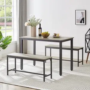 43.3in 3-Piece Bench Style Dining Furniture Set, 4-Person Space-Saving Dinette for Kitchen, Dining Room w/ 2 Benches, Table (Grey) 43.3in 3-Piece Bench Style Dining Furniture Set, 4-Person Space-Saving Dinette for Kitchen, Dining Room w/ 2 Benches, Table (Grey)