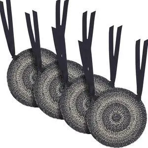 Sawyer Mill Black Farmhouse 15 in Chair Pad Textured Jute Striped Round Kitchen Table Decor, Set of 4 Sawyer Mill Black Farmhouse 15 in Chair Pad Textured Jute Striped Round Kitchen Table Decor, Set of 4