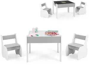 Kids Table and Chair Set, 4-in-1 Children Wooden Activity Table and 2 Chairs for Art Craft, Reversible Blackboard, 3 PCS Toddler Furniture with Storage, Gift for Boys Girls Kids Table and Chair Set, 4-in-1 Children Wooden Activity Table and 2 Chairs for Art Craft, Reversible Blackboard, 3 PCS Toddler Furniture with Storage, Gift for Boys Girls