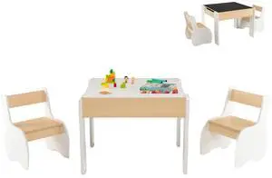 Kids Table and Chair Set, 4-in-1 Children Wooden Activity Table and 2 Chairs for Art Craft, Reversible Blackboard, 3 PCS Toddler Furniture with Storage, Gift for Boys Girls (Natural) Kids Table and Chair Set, 4-in-1 Children Wooden Activity Table and 2 Chairs for Art Craft, Reversible Blackboard, 3 PCS Toddler Furniture with Storage, Gift for Boys Girls (Natural)