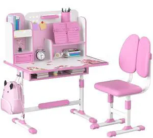 Kids Desk and Chair Set School Desk| Height Adjustable Study Table with Book Stand & Foot Pedal, Ergonomic Children's Desks with Sitting Corrector for School Homework (Pink/Blue) (Pink) Kids Desk and Chair Set School Desk| Height Adjustable Study Table with Book Stand & Foot Pedal, Ergonomic Children's Desks with Sitting Corrector for School Homework (Pink/Blue) (Pink)