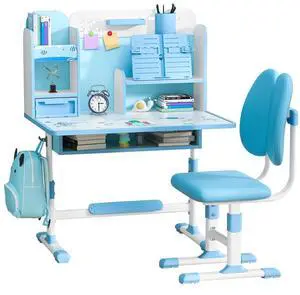 Kids Desk and Chair Set School Desk| Height Adjustable Study Table with Book Stand & Foot Pedal, Ergonomic Children's Desks with Sitting Corrector for School Homework (Pink/Blue) (Blue) Kids Desk and Chair Set School Desk| Height Adjustable Study Table with Book Stand & Foot Pedal, Ergonomic Children's Desks with Sitting Corrector for School Homework (Pink/Blue) (Blue)