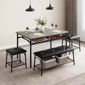 Dining Table Set for 4, Kitchen Table Set with 2 Chairs and 1 Bench, Modern Metal Frame Dining Furniture Set with Storage Rack for Small Space, Apartment, Restaurant Dining Table Set for 4, Kitchen Table Set with 2 Chairs and 1 Bench, Modern Metal Frame Dining Furniture Set with Storage Rack for Small Space, Apartment, Restaurant