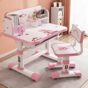 Kids Desk Chair Set, Children Table and Chair Set Multi Functional Widened Desktop with Tilt Book Stand Drawer Cartoon Pattern Height Adjustable School Study Desk Set for Boys Girls Pink Kids Desk Chair Set, Children Table and Chair Set Multi Functional Widened Desktop with Tilt Book Stand Drawer Cartoon Pattern Height Adjustable School Study Desk Set for Boys Girls Pink