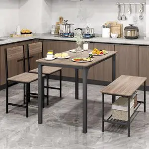 Rectangular Dining Table Set for 4, Space Saving Kitchen Table with Bench and Chairs, Bench Seat with Storage Rack, 4 Pieces Dinette Table Set for Small Spaces, Apartment, Restaurant Rectangular Dining Table Set for 4, Space Saving Kitchen Table with Bench and Chairs, Bench Seat with Storage Rack, 4 Pieces Dinette Table Set for Small Spaces, Apartment, Restaurant