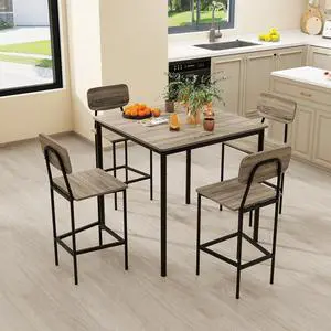5 Piece Dining Table Set, Kitchen Table and Chairs for 4, Industrial Counter Height Dining Table and 4 Bar Chairs Dinette Set with Metal Frame for Pub Dining Room Restaurant Grey 5 Piece Dining Table Set, Kitchen Table and Chairs for 4, Industrial Counter Height Dining Table and 4 Bar Chairs Dinette Set with Metal Frame for Pub Dining Room Restaurant Grey