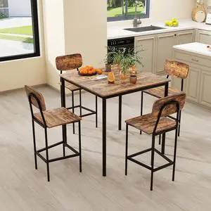 5 Piece Dining Table Set, Kitchen Table and Chairs for 4, Industrial Counter Height Dining Table and 4 Bar Chairs Dinette Set with Metal Frame for Pub Dining Room Restaurant Rustic 5 Piece Dining Table Set, Kitchen Table and Chairs for 4, Industrial Counter Height Dining Table and 4 Bar Chairs Dinette Set with Metal Frame for Pub Dining Room Restaurant Rustic