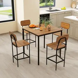 5 Piece Dining Table Set, Kitchen Table and Chairs for 4, Industrial Counter Height Dining Table and 4 Bar Chairs Dinette Set with Metal Frame for Pub Dining Room Restaurant Dark Brown 5 Piece Dining Table Set, Kitchen Table and Chairs for 4, Industrial Counter Height Dining Table and 4 Bar Chairs Dinette Set with Metal Frame for Pub Dining Room Restaurant Dark Brown