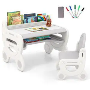 Kids Table and Chair Set, Plastic Children Activity Table and Chair w/Graffiti Desktop, Storage, Markers & Eraser, Toddler Table and Chair Set for Daycare Playroom Classroom (Gray) Kids Table and Chair Set, Plastic Children Activity Table and Chair w/Graffiti Desktop, Storage, Markers & Eraser, Toddler Table and Chair Set for Daycare Playroom Classroom (Gray)