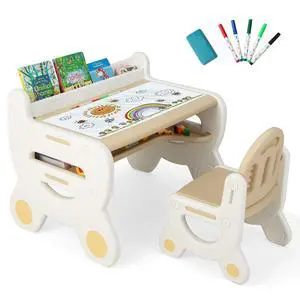Kids Table and Chair Set, Plastic Children Activity Table and Chair w/Graffiti Desktop, Storage, Markers & Eraser, Toddler Table and Chair Set for Daycare Playroom Classroom (Coffee) Kids Table and Chair Set, Plastic Children Activity Table and Chair w/Graffiti Desktop, Storage, Markers & Eraser, Toddler Table and Chair Set for Daycare Playroom Classroom (Coffee)