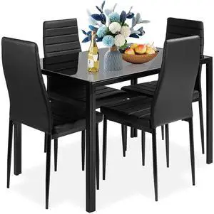 5 Piece Dining Room Table Set for 4, Dining Table Set with Tempered Glass Table Top and 4 Faux Leather Chairs for Small Spaces Kitchen, Black 5 Piece Dining Room Table Set for 4, Dining Table Set with Tempered Glass Table Top and 4 Faux Leather Chairs for Small Spaces Kitchen, Black
