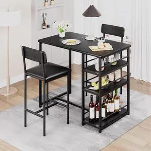 3-Piece Bar Table Set for 2, Compact Dining Table Set with 3-Tier Storage Shelves, Space-Saving Breakfast Nook with 2 Upholstered Chairs, Suitable for Kitchen, Apartment, Bistro, Black 3-Piece Bar Table Set for 2, Compact Dining Table Set with 3-Tier Storage Shelves, Space-Saving Breakfast Nook with 2 Upholstered Chairs, Suitable for Kitchen, Apartment, Bistro, Black