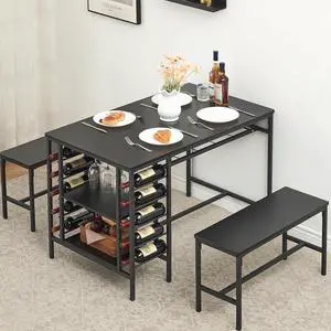 Black Dining Table Set for 4, Kitchen Table with 2 Benches, Wine Rack and Storage Shelf, Rectangular Dining Room Table Set, for Small Space, Apartment, Dinette,Livingroom Black Dining Table Set for 4, Kitchen Table with 2 Benches, Wine Rack and Storage Shelf, Rectangular Dining Room Table Set, for Small Space, Apartment, Dinette,Livingroom