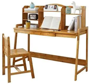 Kids Desk and Chair Set, Height Adjustable Bamboo Study Desk with Storage Hutch and Bookshelf, Wooden Writing Table for Toddlers and Kids, Easy-Clean Surface, Natural (02) Kids Desk and Chair Set, Height Adjustable Bamboo Study Desk with Storage Hutch and Bookshelf, Wooden Writing Table for Toddlers and Kids, Easy-Clean Surface, Natural (02)