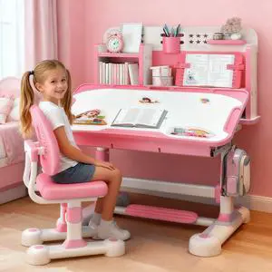 Kids Study Desk with Chair Set, Height Adjustable Children School Study Table Chair Set with with Tilt Desktop, Ergonomic Desk Chair with Book Stand, Foot Pedal, Partition Design (Pink, Blue) Pink Kids Study Desk with Chair Set, Height Adjustable Children School Study Table Chair Set with with Tilt Desktop, Ergonomic Desk Chair with Book Stand, Foot Pedal, Partition Design (Pink, Blue) Pink