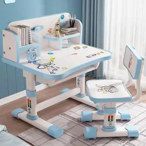 Kids Functional Desk and Chair Set, Height Adjustable Children School Study Table Chair Set with Cartoon Pattern, Ergonomic Desk Chair with Large Writing Board, Bookshelf and Book Bucket Bl Kids Functional Desk and Chair Set, Height Adjustable Children School Study Table Chair Set with Cartoon Pattern, Ergonomic Desk Chair with Large Writing Board, Bookshelf and Book Bucket Bl