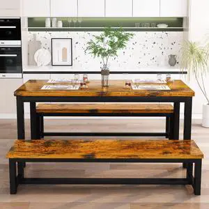 43.3" Dining Table Set for 4, Kitchen Dining Table with 2 Benches, Dining Room Table Set with Metal Frame & Thickened Board for Kitchen, Restaurant, Rustic Brown 43.3" Dining Table Set for 4, Kitchen Dining Table with 2 Benches, Dining Room Table Set with Metal Frame & Thickened Board for Kitchen, Restaurant, Rustic Brown