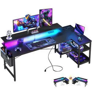 66 Inch Gaming Desk with USB Charging Ports and LED Lights, Reversible L Shaped Computer Desk with Storage Shelves & Monitor Stand, Corner Gamer Desk Table with Power Outlets, Carbon Fiber Black 66 Inch Gaming Desk with USB Charging Ports and LED Lights, Reversible L Shaped Computer Desk with Storage Shelves & Monitor Stand, Corner Gamer Desk Table with Power Outlets, Carbon Fiber Black